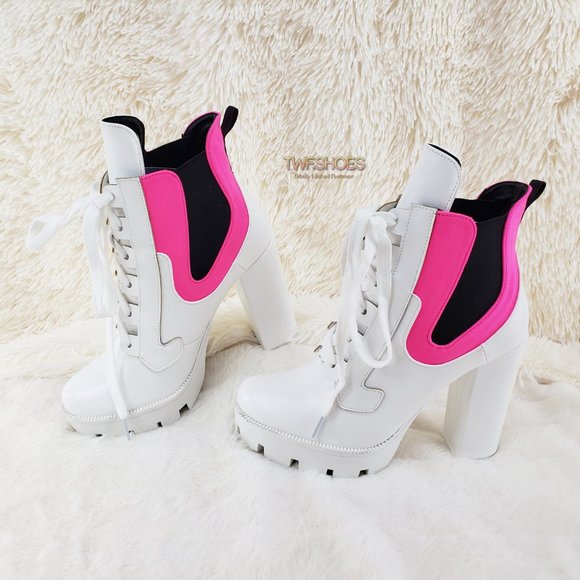 4" Heel Chunky Platform Ankle Boots White Pink - Picture 9 of 9